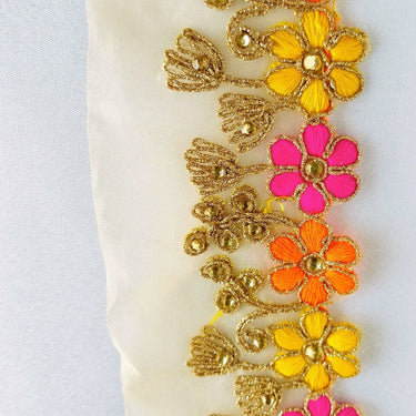 Gold Sheer Tissue Fabric Trim With Embroidered Pink, Yellow, Orange & Gold Flowers